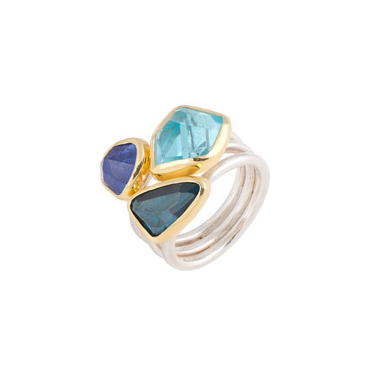 BLUE TOPAZ, TANZANITE AND AQUA MARINA 12,5ct RING